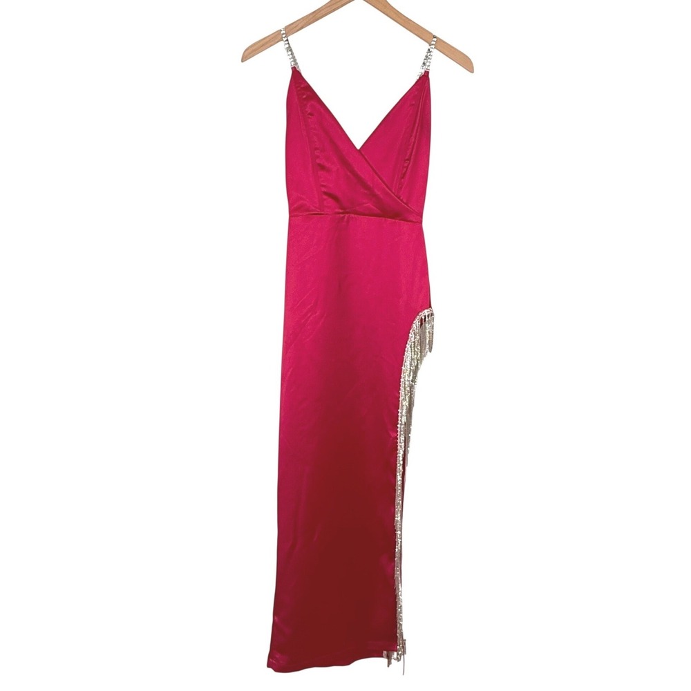 Y2K Raspberry Red Satin Maxi Dress Small Rhinestone Fringe High Slit Homecoming
